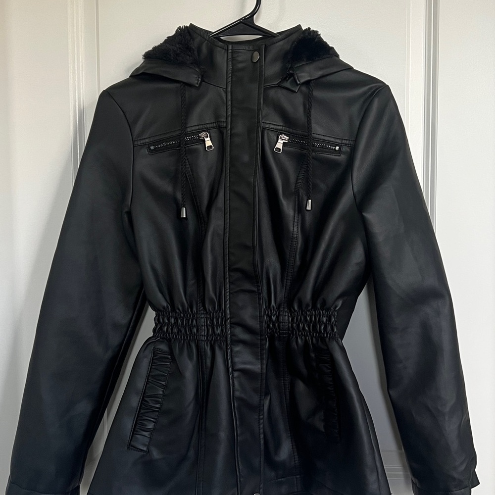 Cavalini Black Leather Hooded Jacket